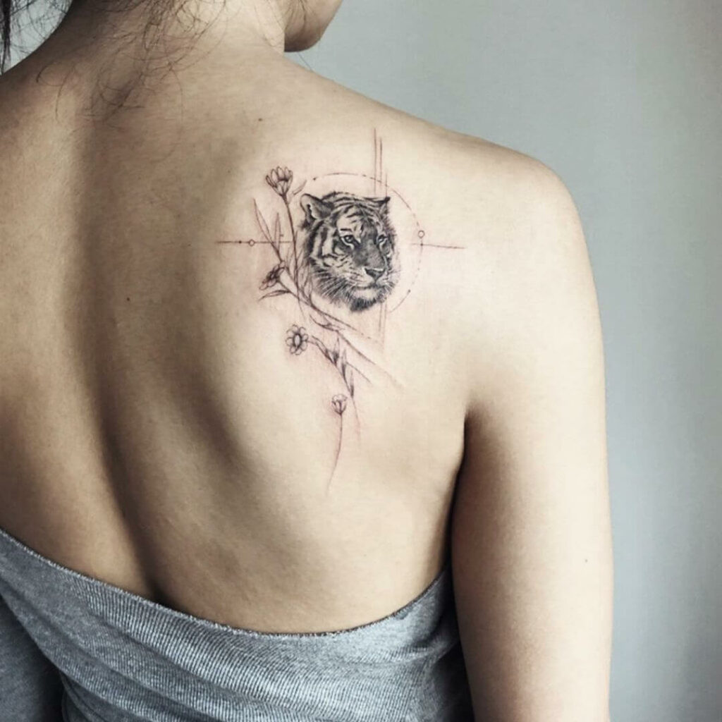 Cool Meaningful Tattoo With Tiger And Flowers