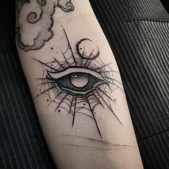 Cosmic Eye Spider Web Tattoo On Hand