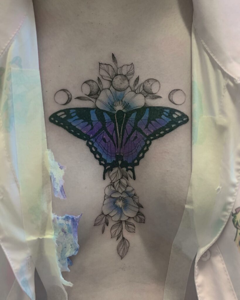 Crescent Moon And Colorful Butterfly Tattoo