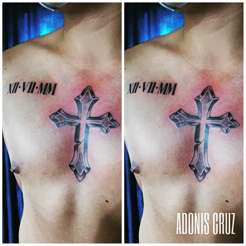 Cross Roman Numeral Chest Tattoo