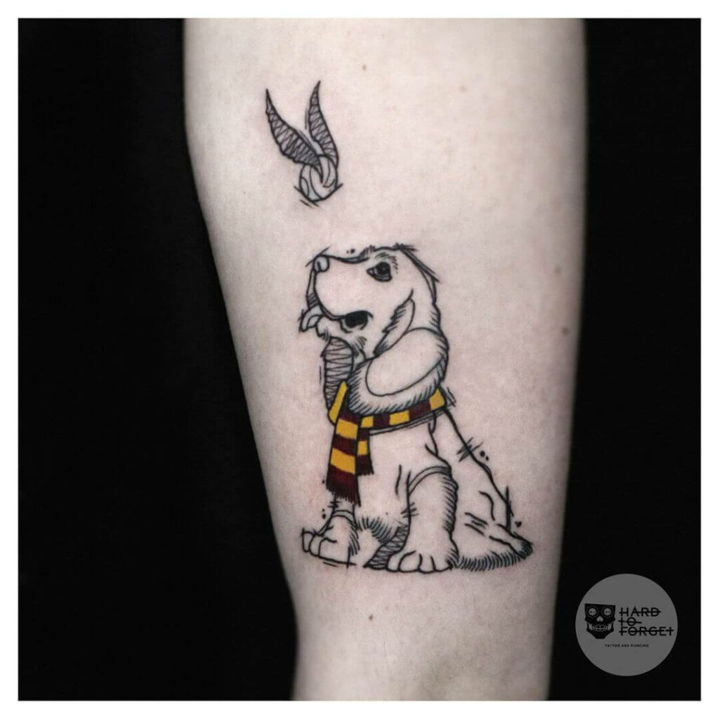 Cute Dog Wears Gryffindor Scarf On A Small Tattoo
