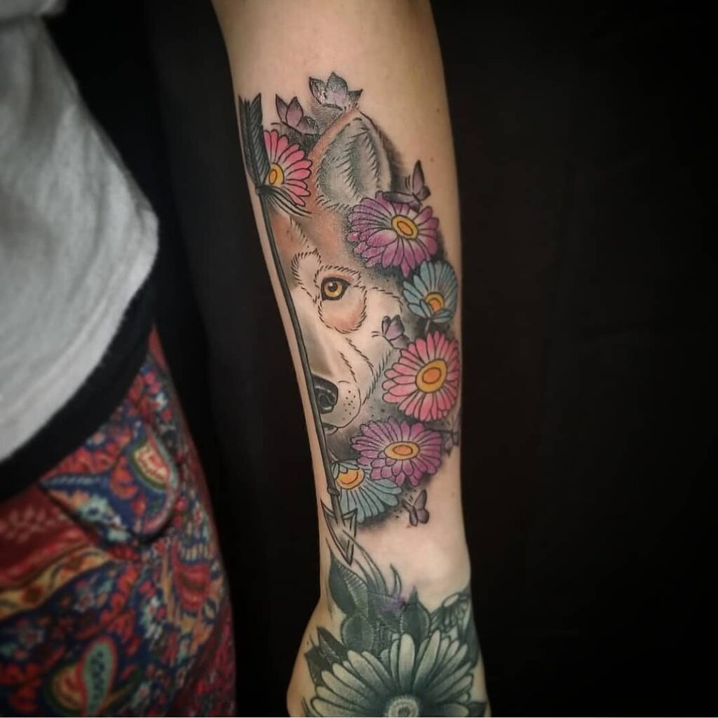 Cute Floral Wolf Head Tattoo Design