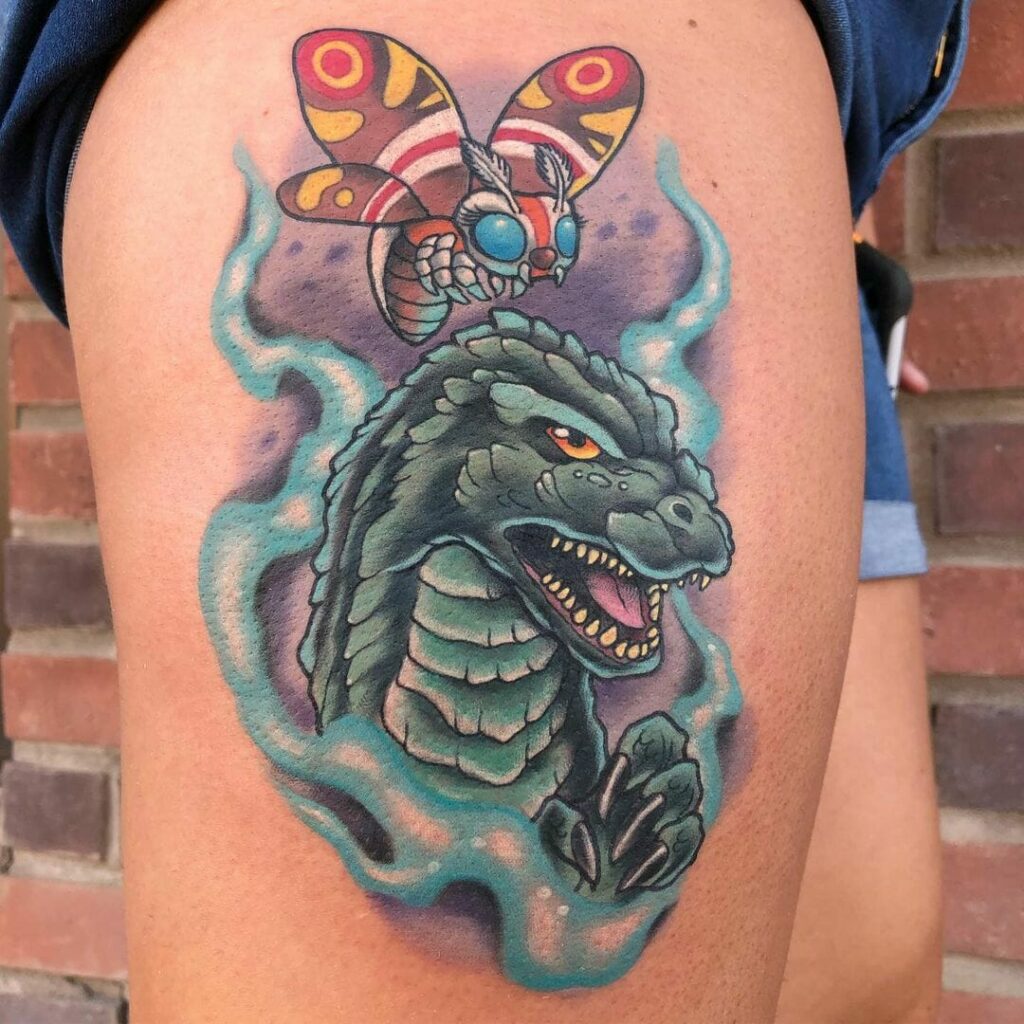 Cute Godzilla And Mothra Tattoo
