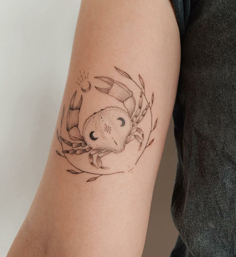 Dainty Tattoo Of Cancer Crab And Moon