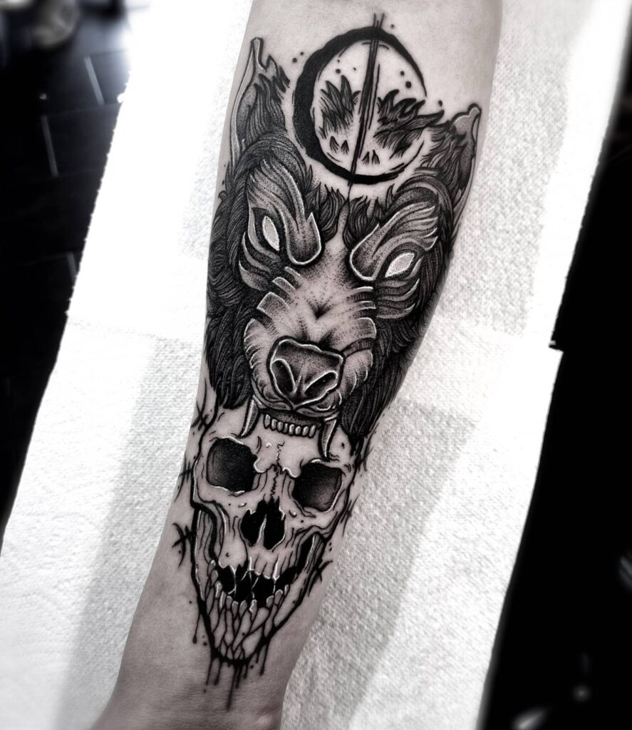 Dark Fenrir Tattoo Designs With Skull