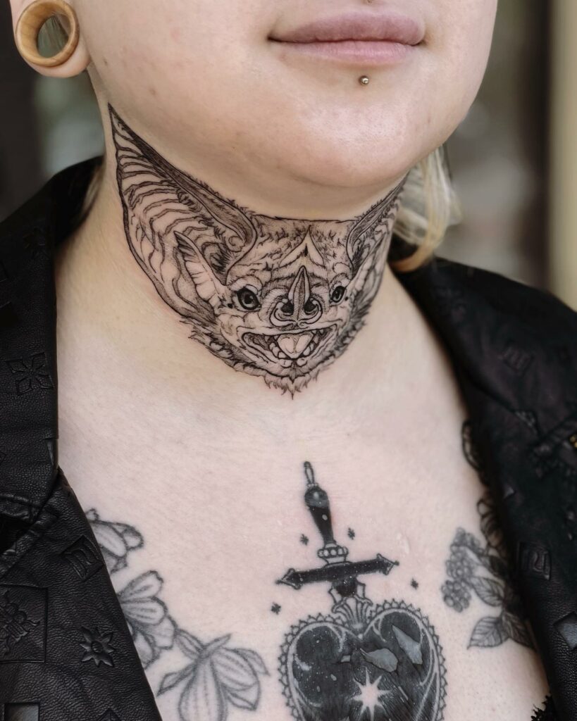 Dark Theme Bat Full Neck Tattoo For Women
