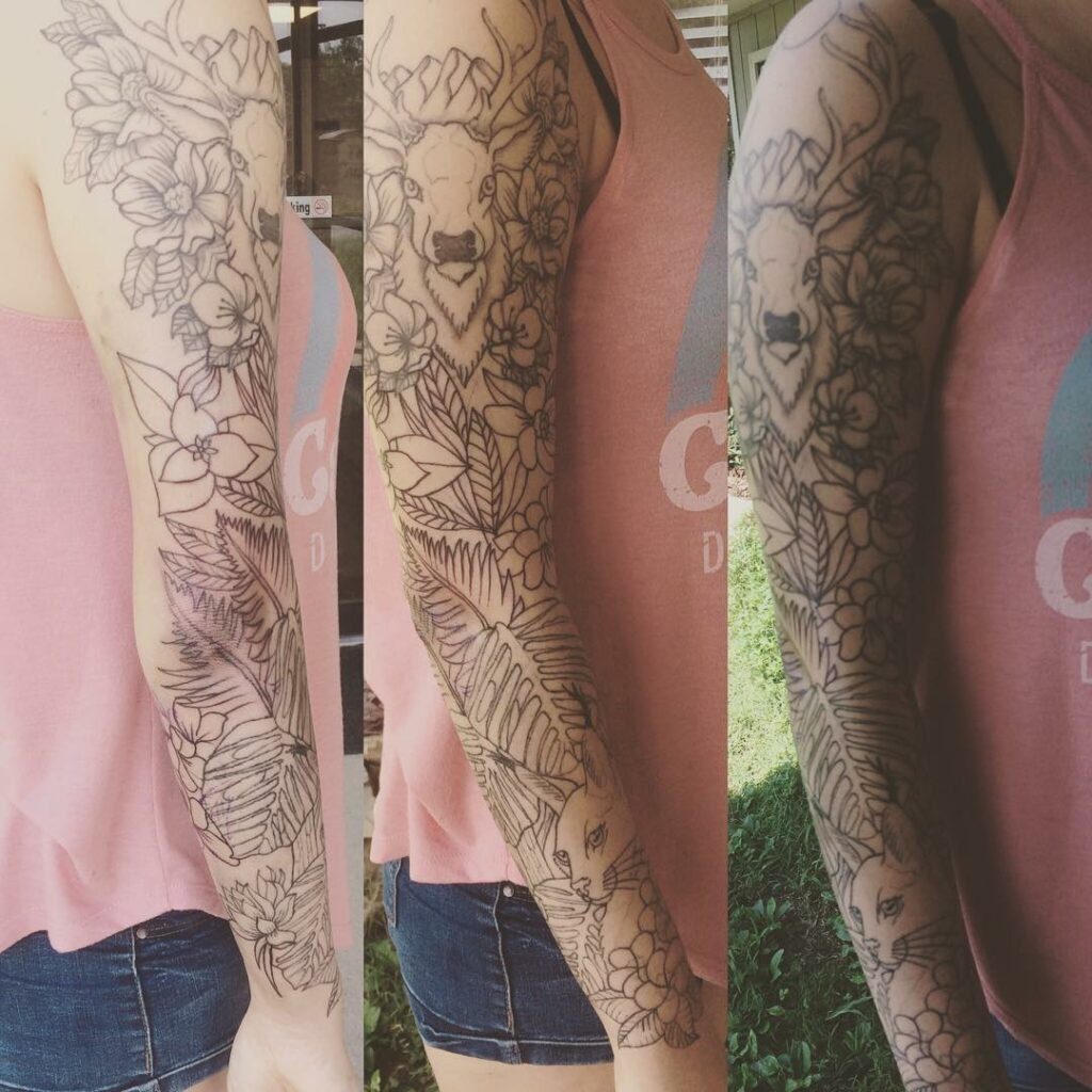 Deer And Flower Sleeve Tattoo