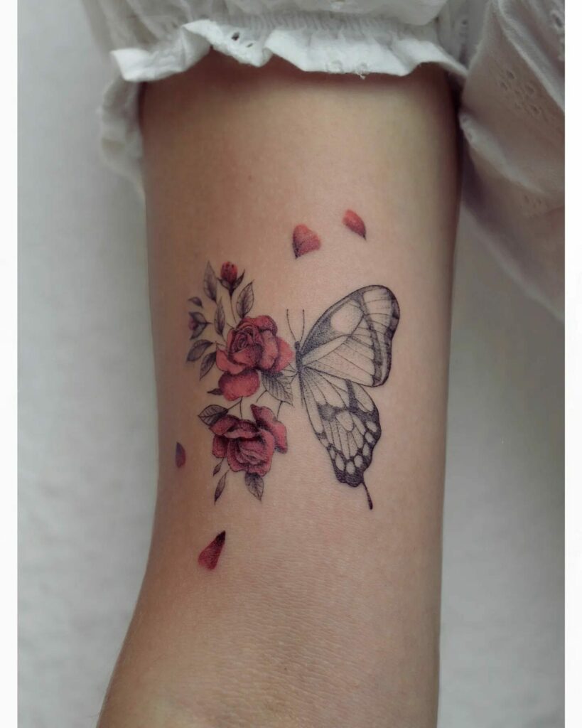 Delicate Bright Colors Butterfly X Rose Tattoo