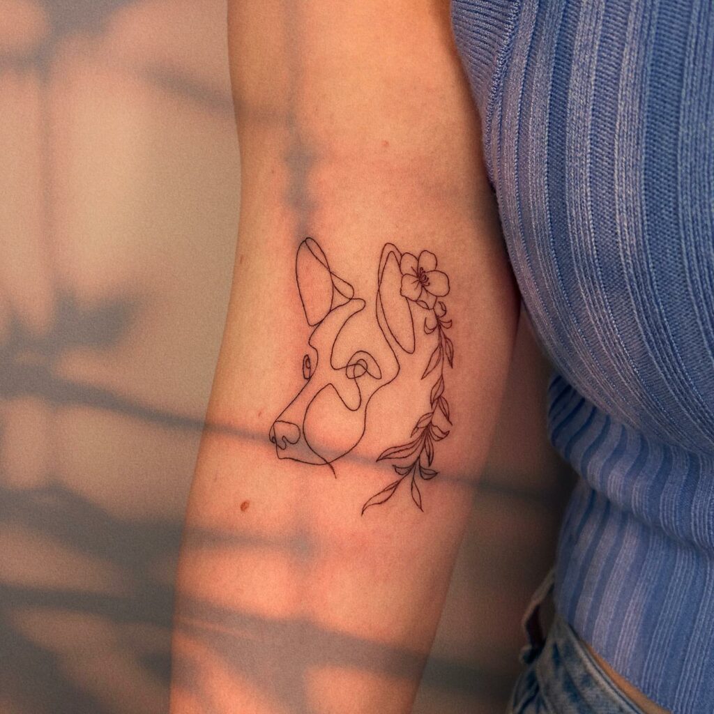 Dog And Flower Outline Tattoo