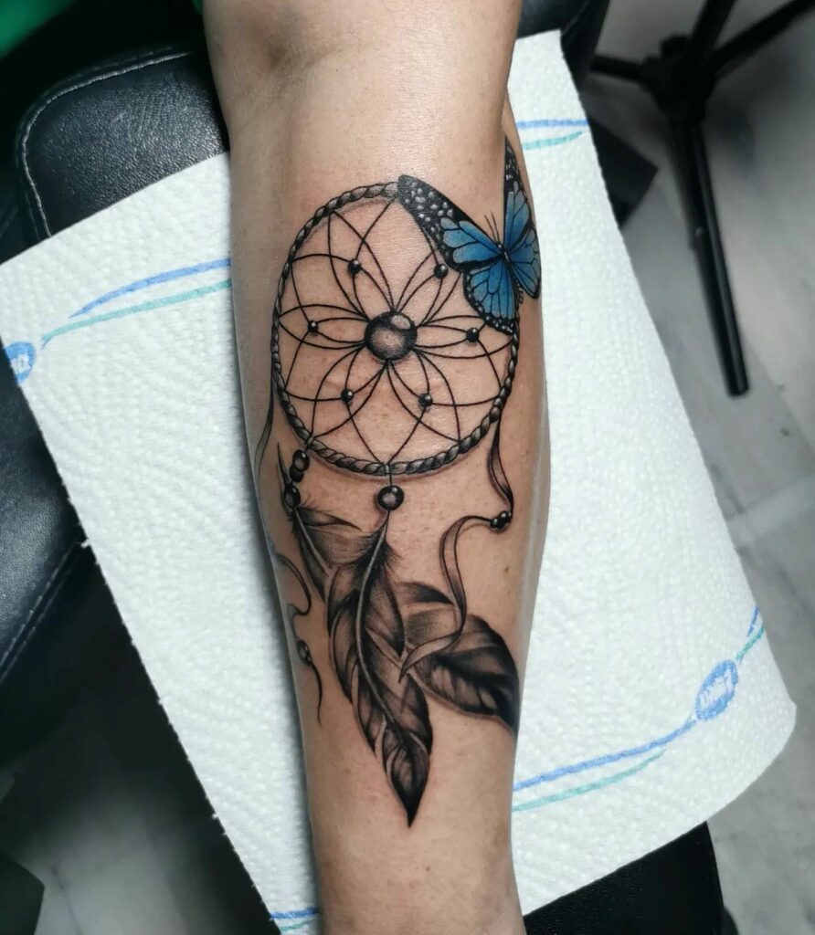 Dream Catcher Tattoo With Blue Butterfly
