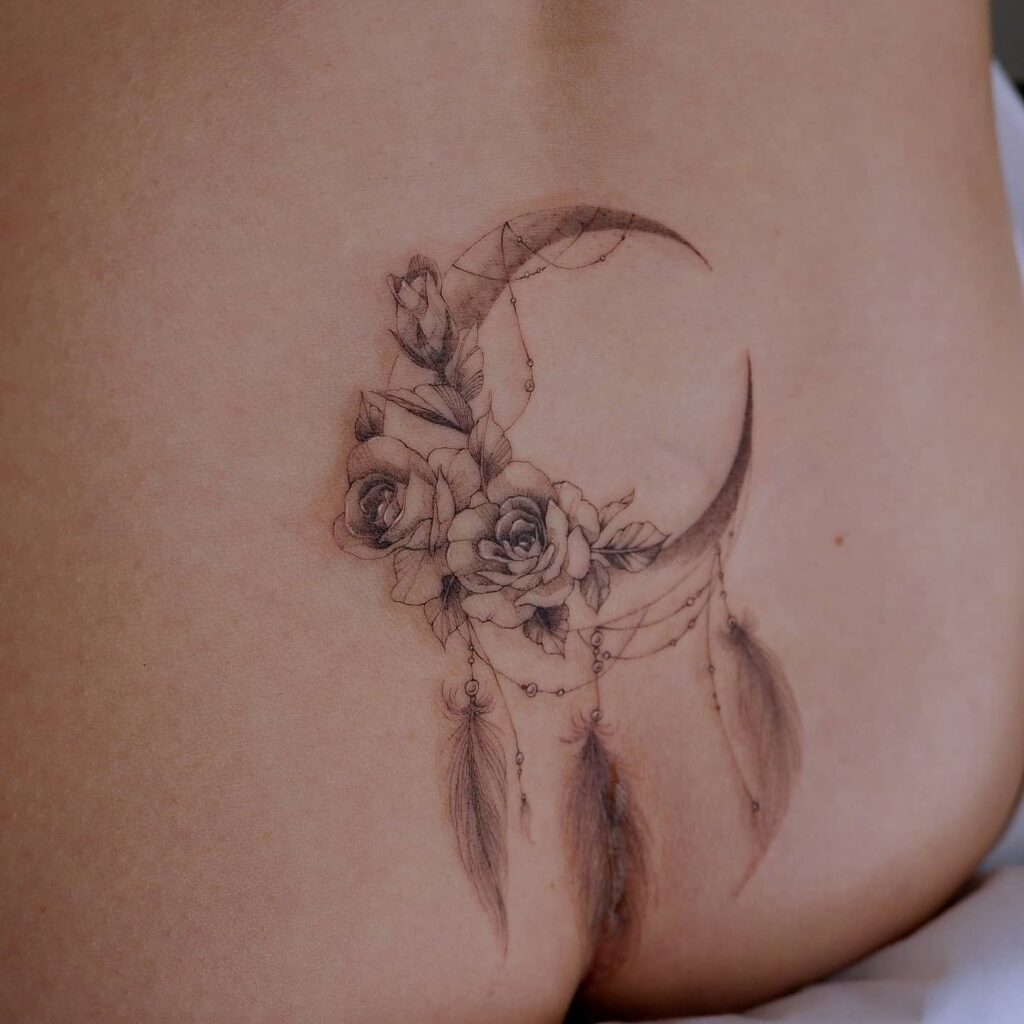 Dreamcatcher Moon Tattoo With Flower