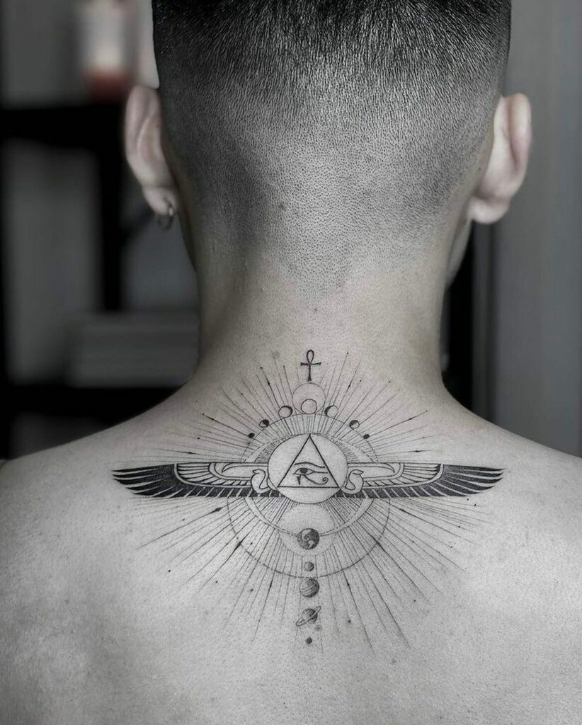 Grey Ink Large Eye Back Neck Tattoo