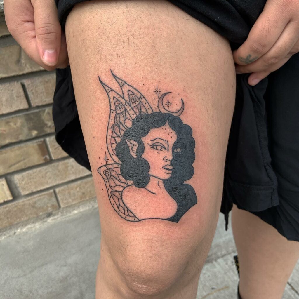Fairy Above Knee Tattoo
