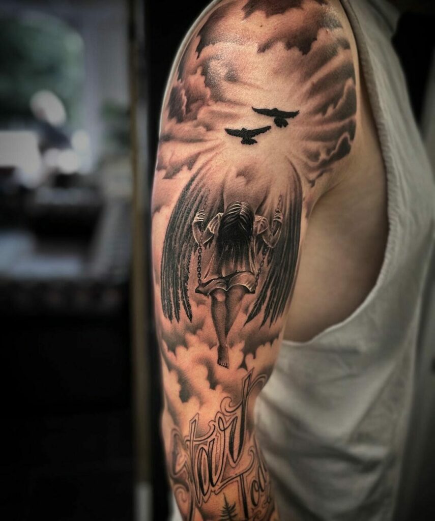 Black and Grey Fallen Angel Tattoo Idea  BlackInk