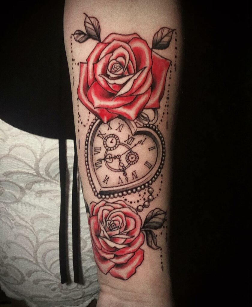 Meaning feminine rose and clock tattoo