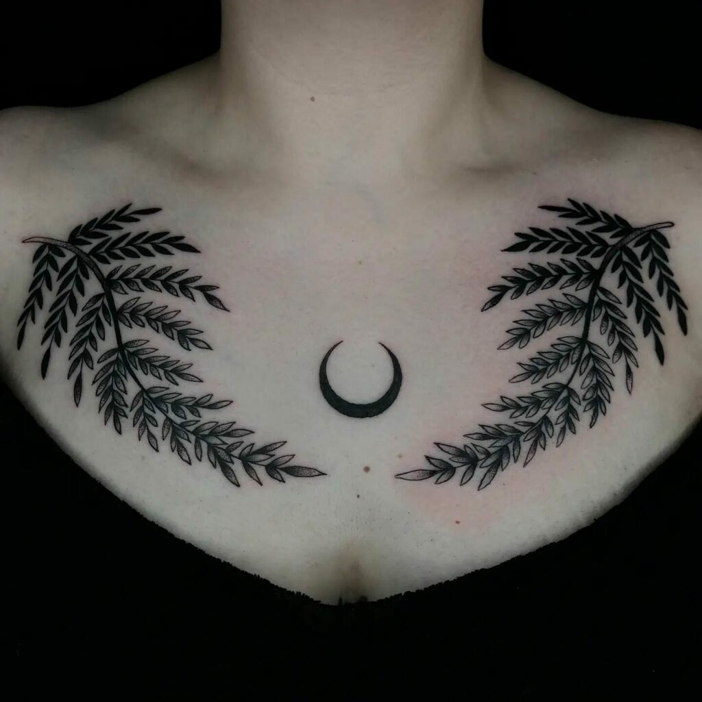 Fern And Moon Chest Tattoo