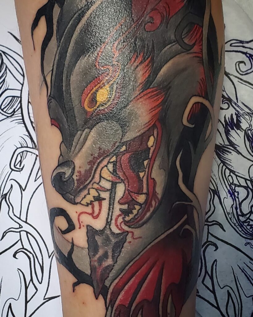 neo traditional wolf head tattoo