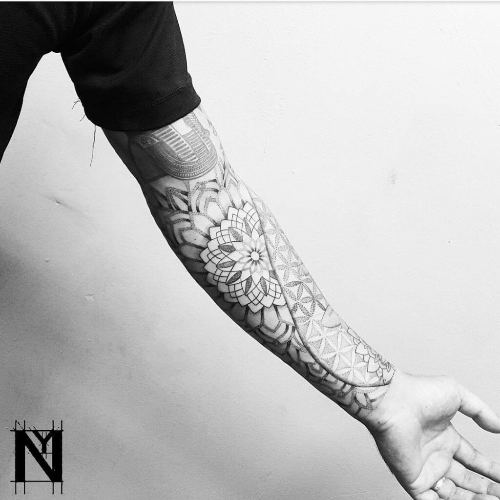 Fine-Line Half Sleeve Geometric Tattoo