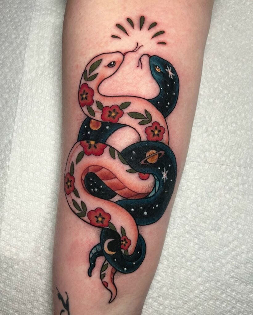 Floral Day And Night Snake Tattoo