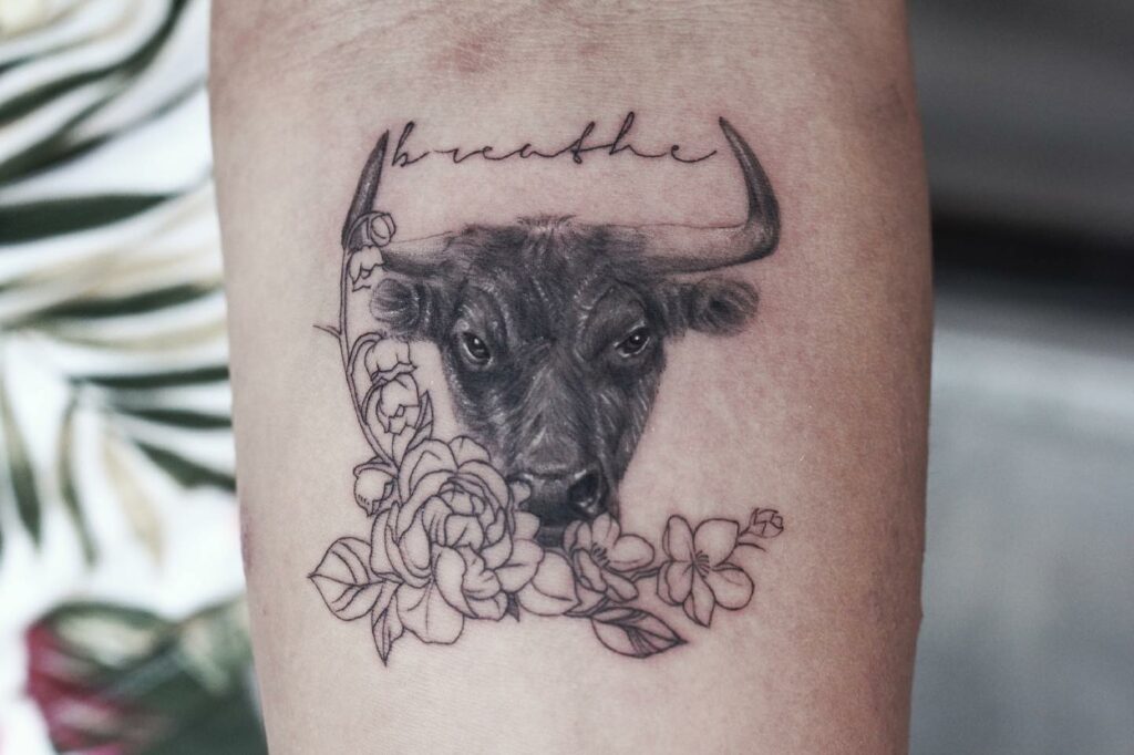 Floral Realistic Taurus Bull Tattoos