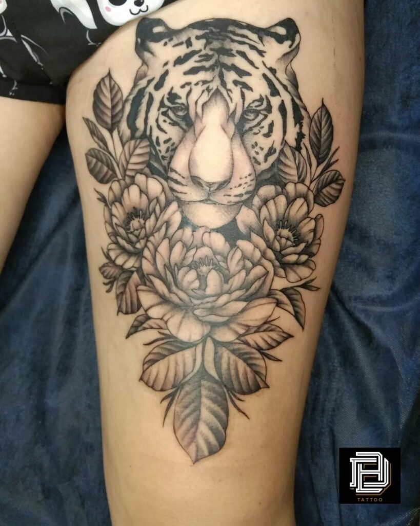 Floral Tiger Thigh Tattoo
