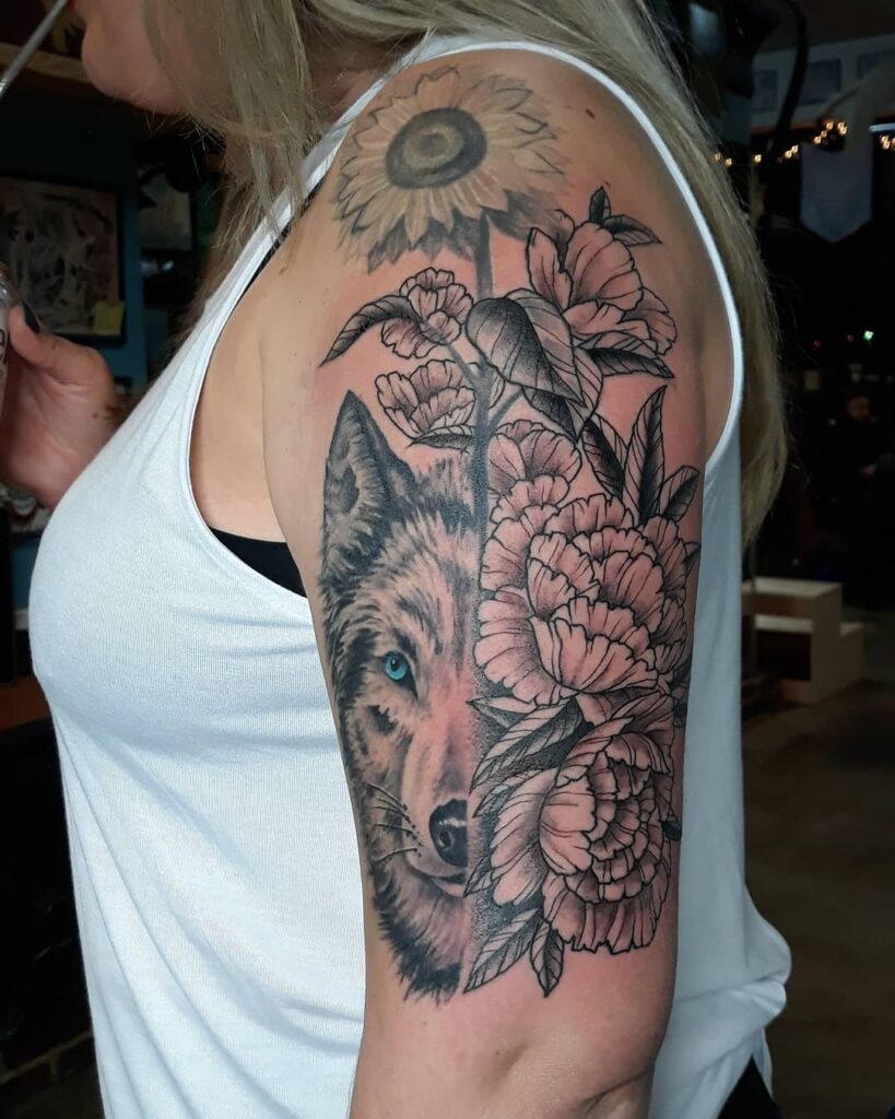Floral Wolf Shoulder Tattoo Idea