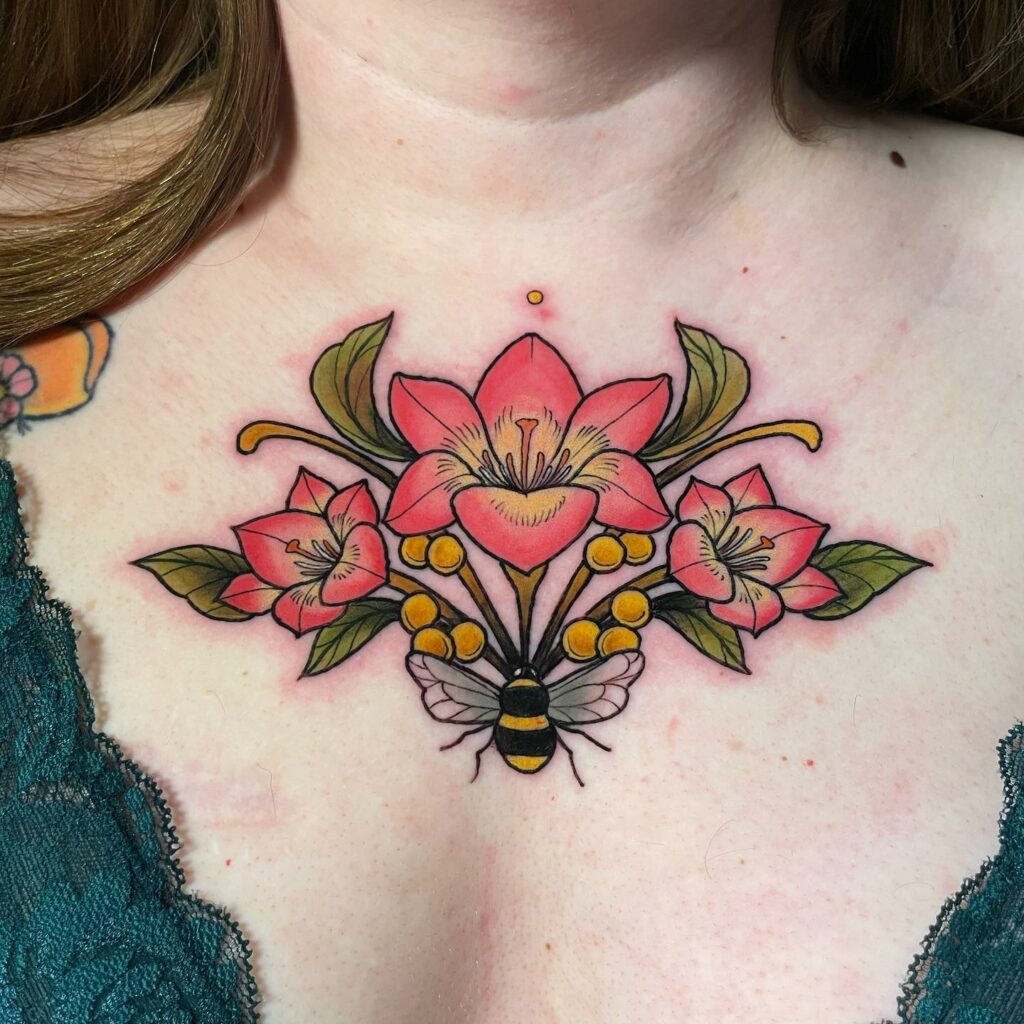 Flower And Bee Chest Tattoo