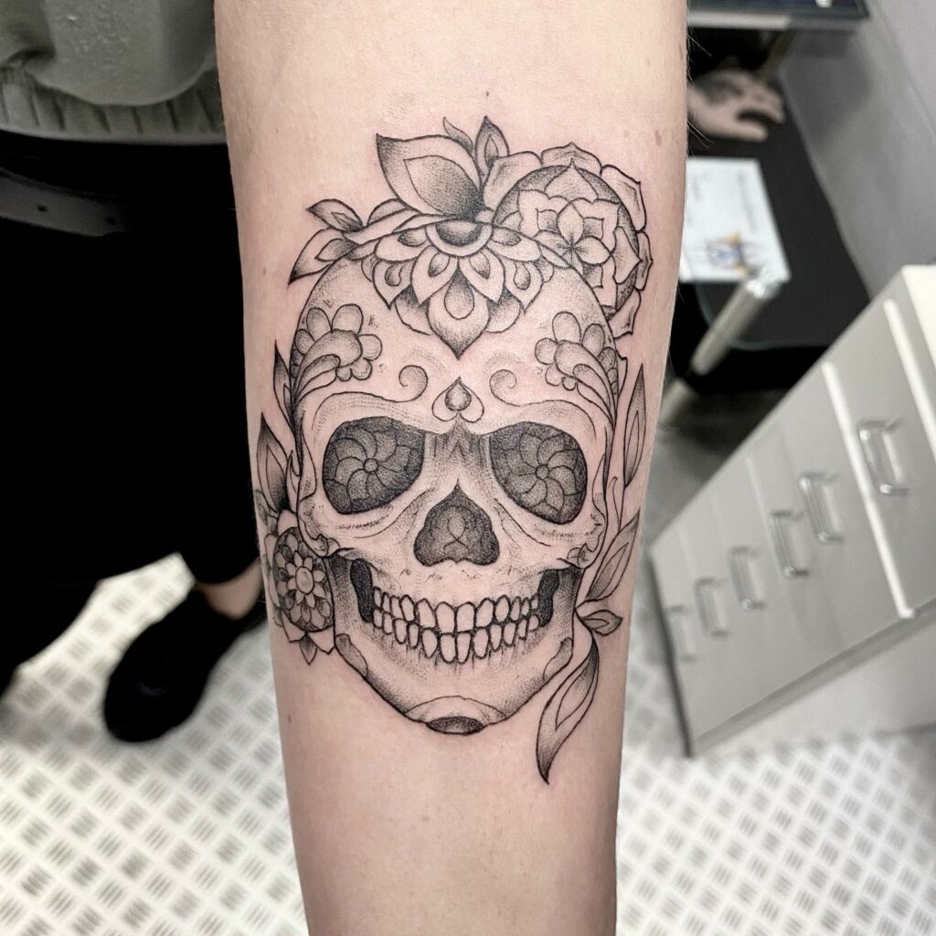 Flower Forearm Skull Tattoo