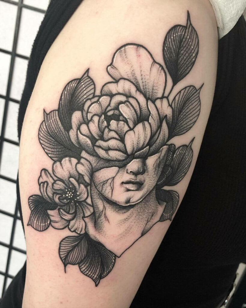 Flowers And Statue Tattoo