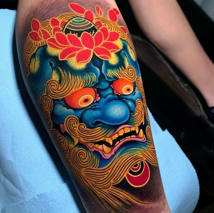 Foo Dog Tattoos With Asian Floral Symbols ideas