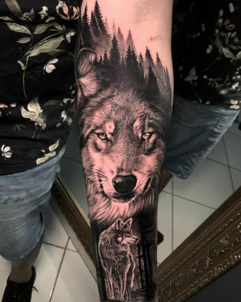 Forest And Wolf Tattoo Sleeve
