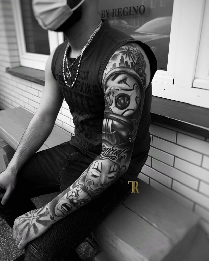 Full Sleeve Chicano Tattoo in Black Shading
