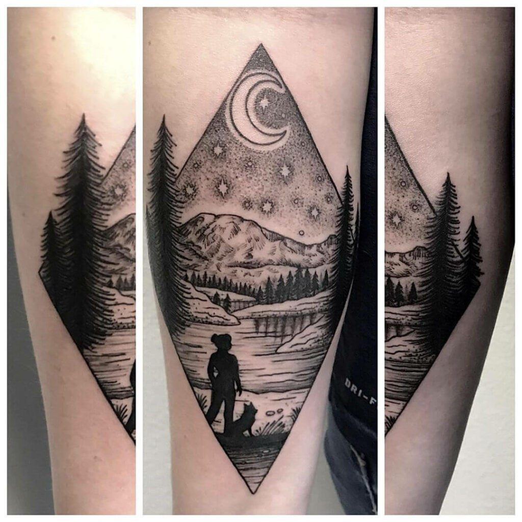 Geometric Blackwork Hiker And Dog Tattoo