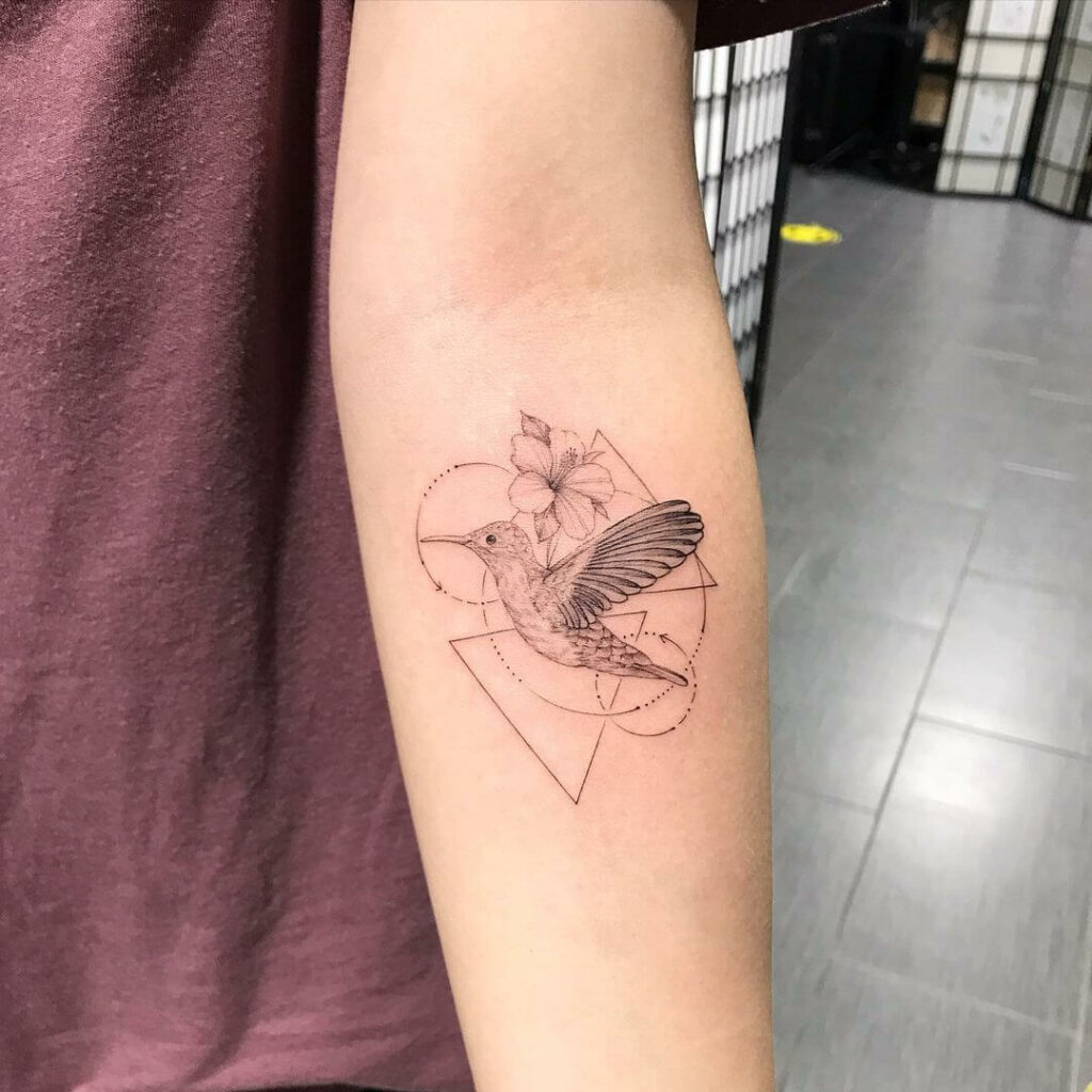 Geometric Floral Hummingbird Tattoo