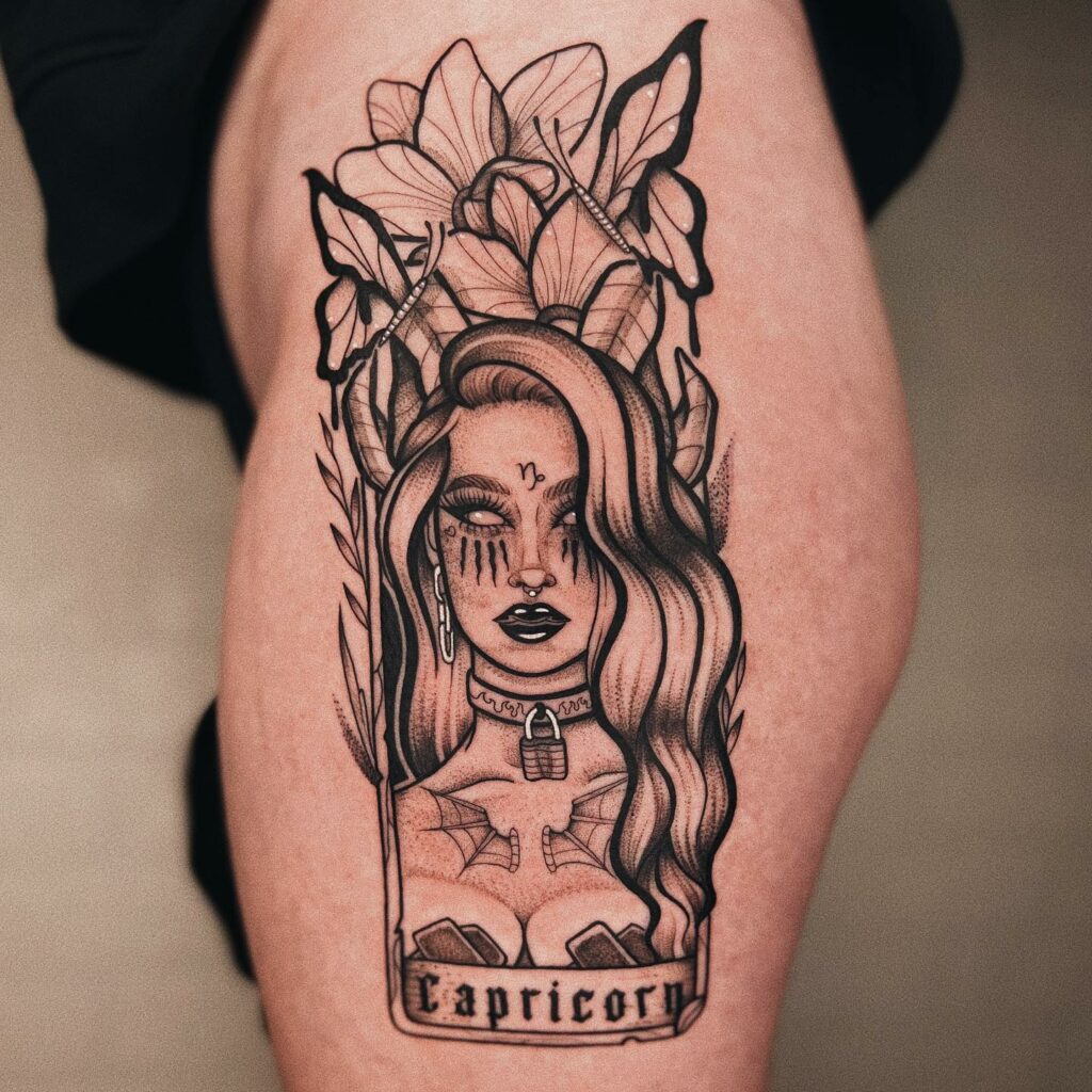 Girly Floral Capricorn Tattoo