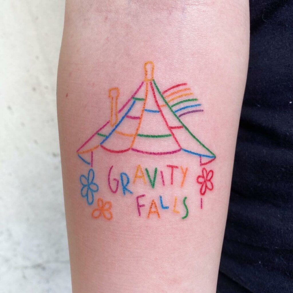 Gravity Falls patch tattoo located on the calf