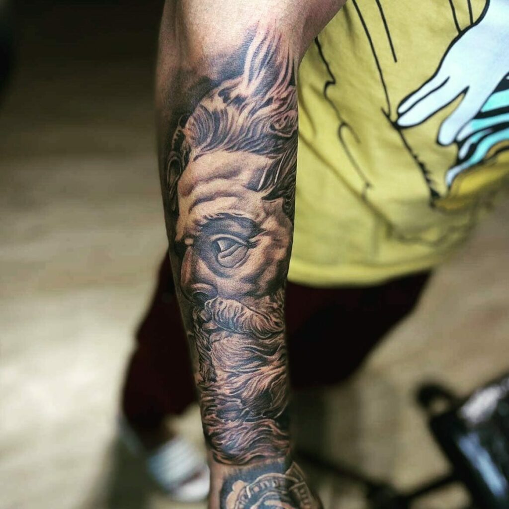 Greek God Stencil Forearm Tattoo