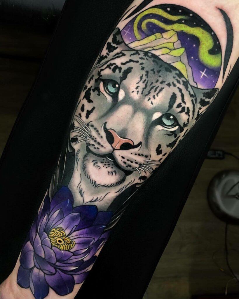 Grey Shading And colorful Snow Leopard Tattoo