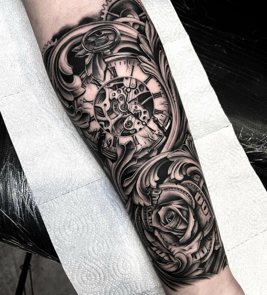 Greyscale Money Rose Tattoo Arm Sleeve Design