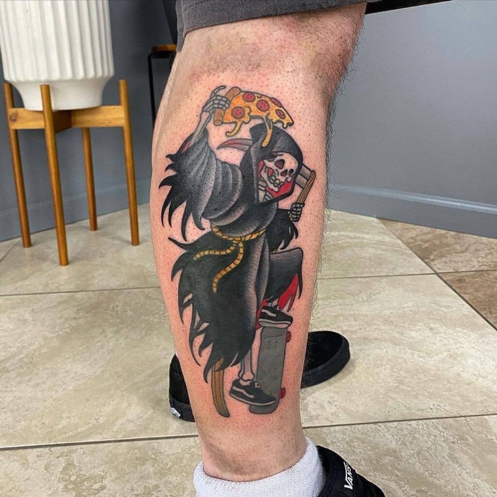 Grim Reaper Skating With A Pizza Tattoo