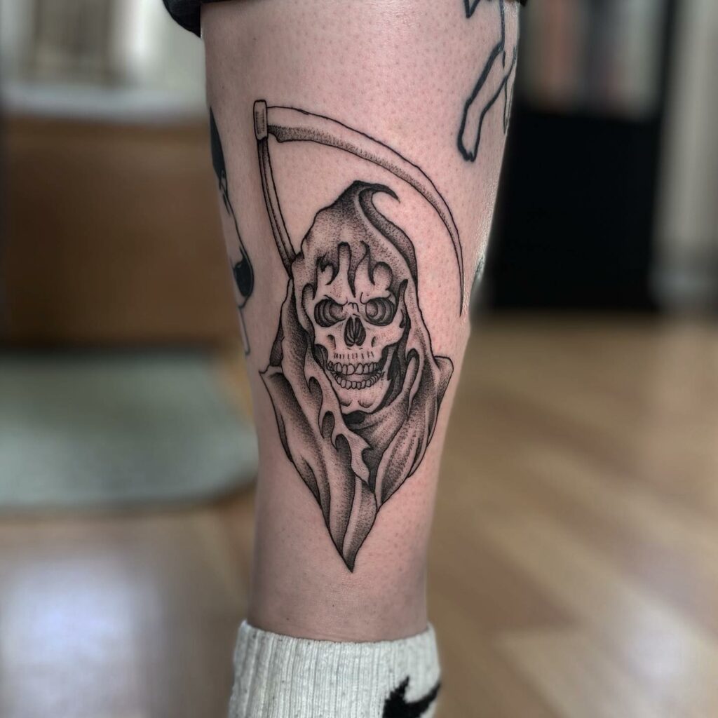 Grim Reaper Small Shin Tattoos For Men