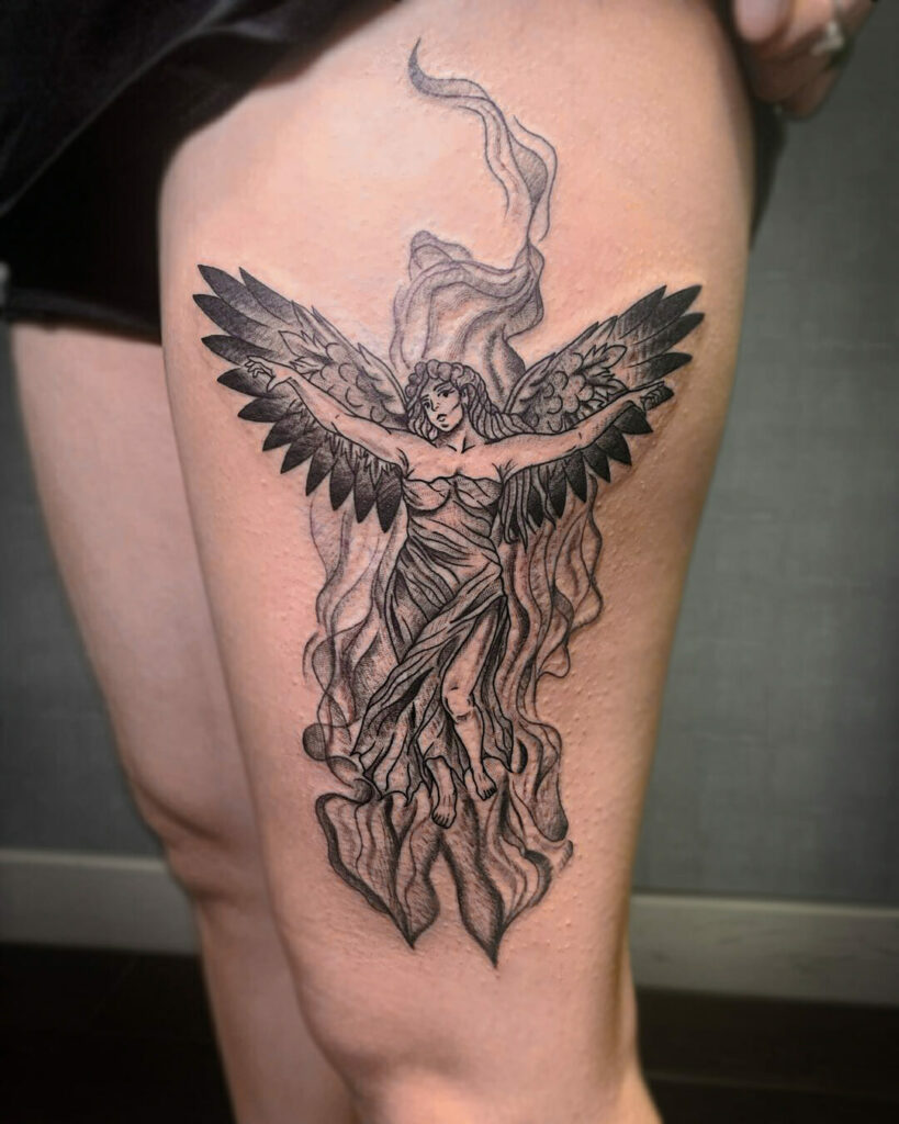 39 Female Protector Guardian Angel Tattoo CorleneBethanay   Guardian Angel Leg Tattoo 819x1024 