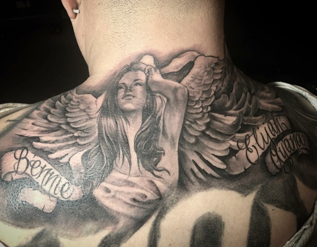 Guardian Angel Neck Tattoo