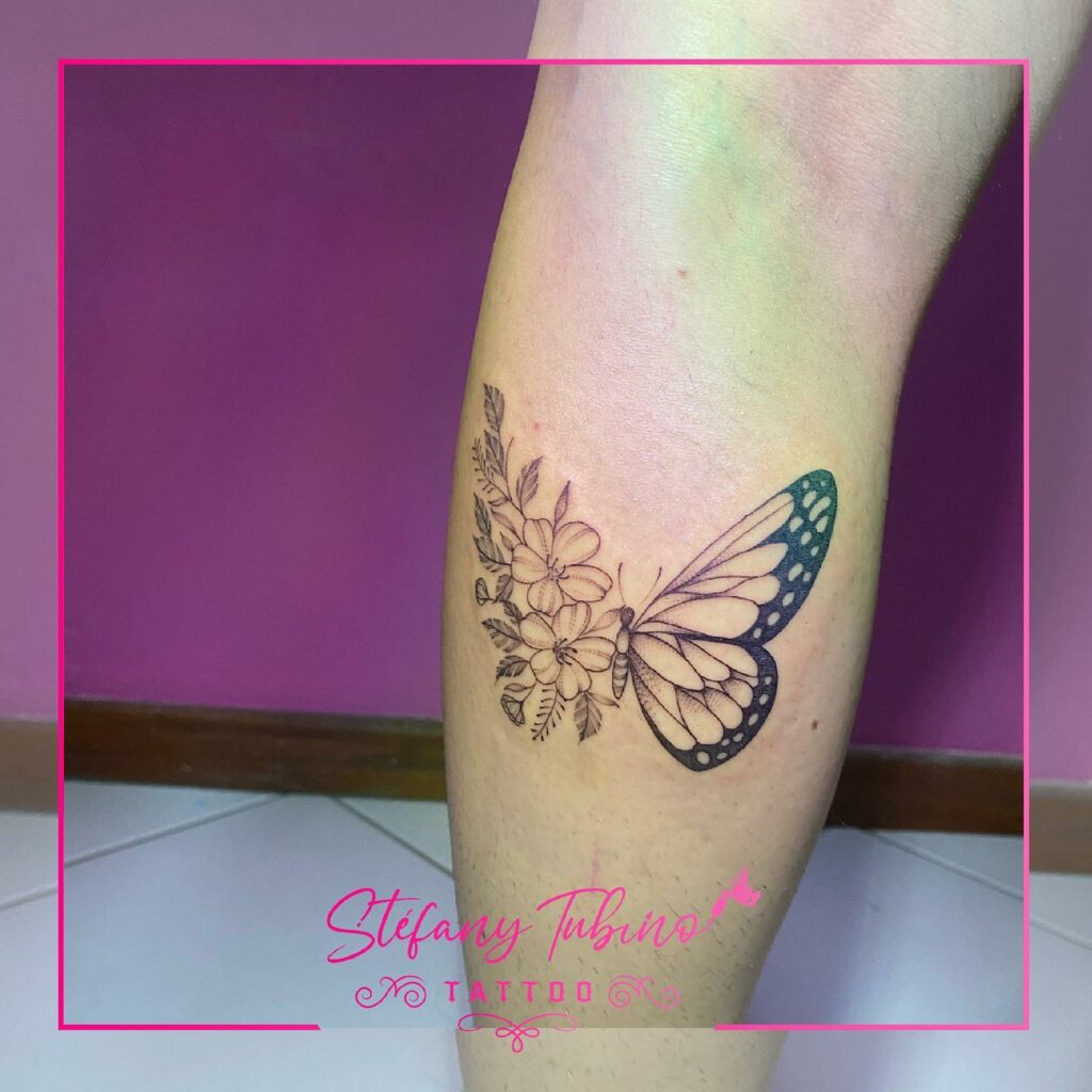 Half Butterfly And Flower Tattoo