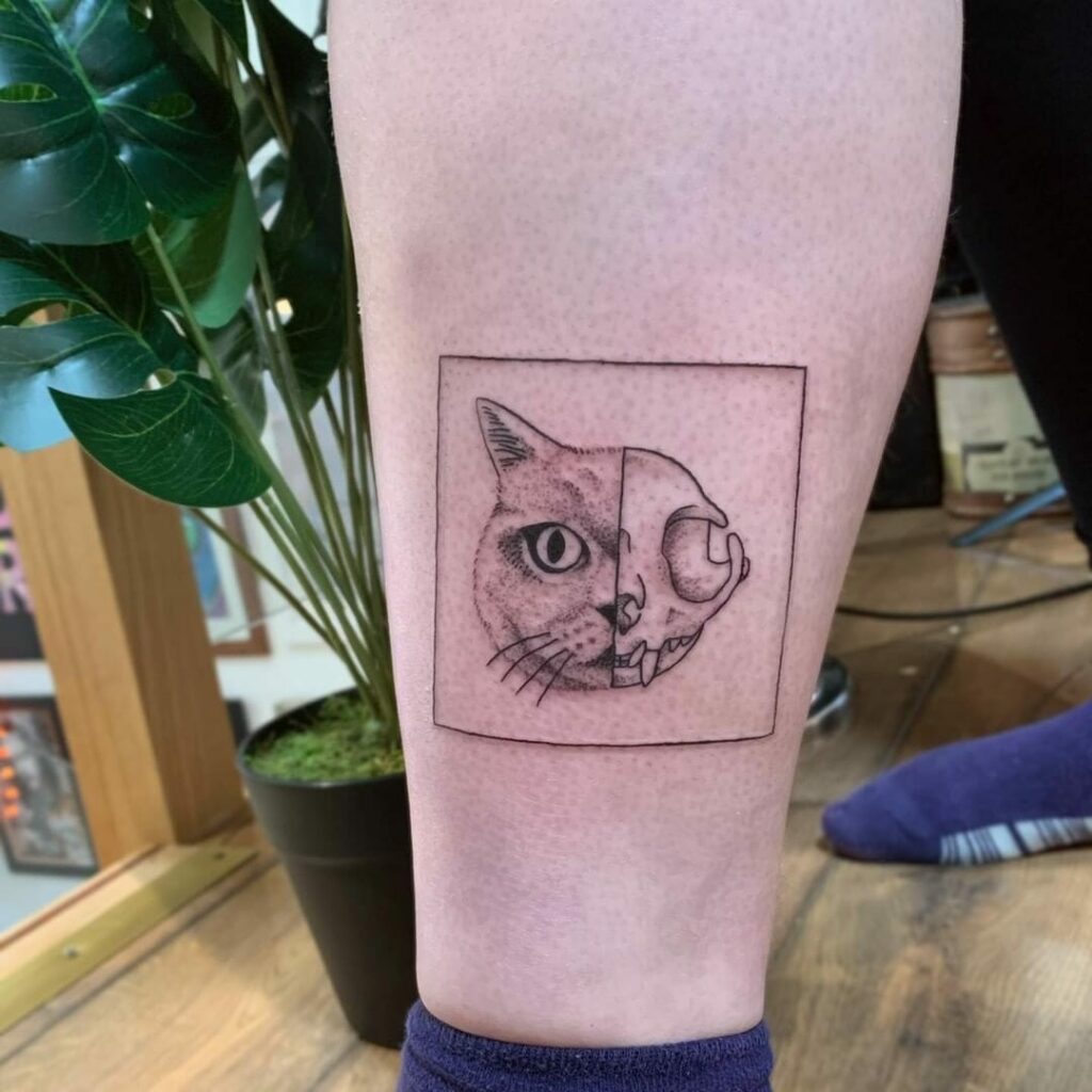 Half Cat Face Half Cat Skull Tattoo