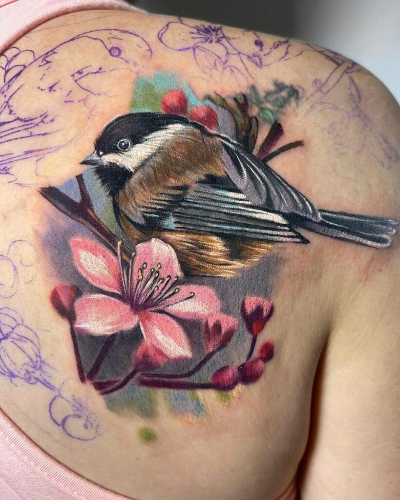 Half Chest or Back Chickadee Tattoo 