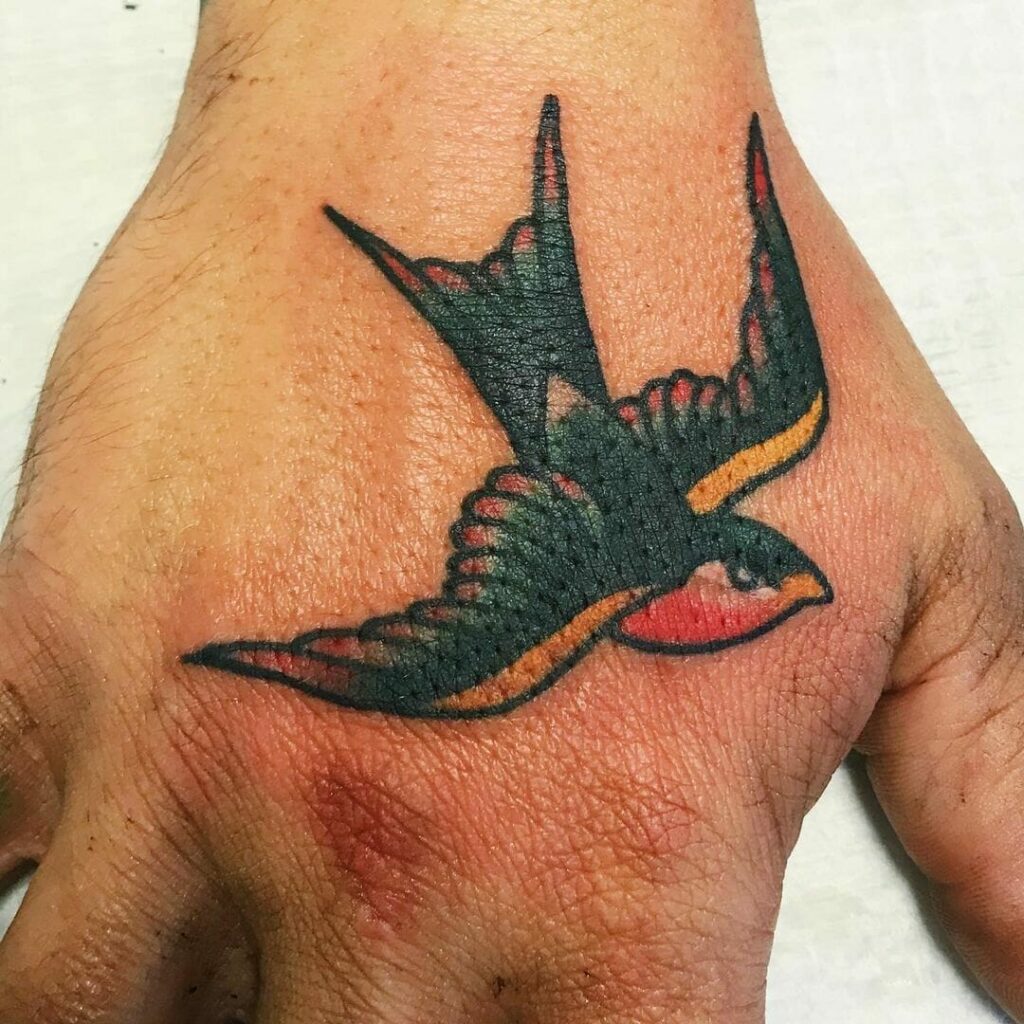 Hand Colour Sparrow Tattoo