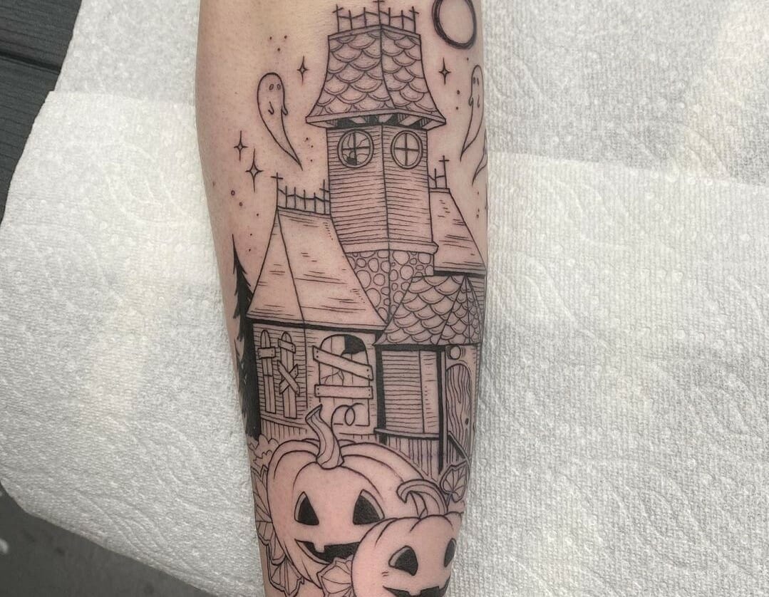 Tattoo Snob on Instagram Haunted House by mattbrumelow at  inkanddaggertattoo in Roswell Georgia hauntedhousetattoo pumpkintattoo  mattbrumelow inkanddaggertattoo roswell georgia