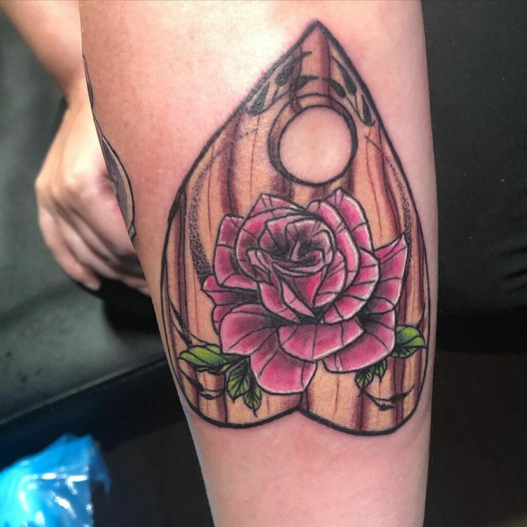 Heart Planchette Tattoo With Rose
