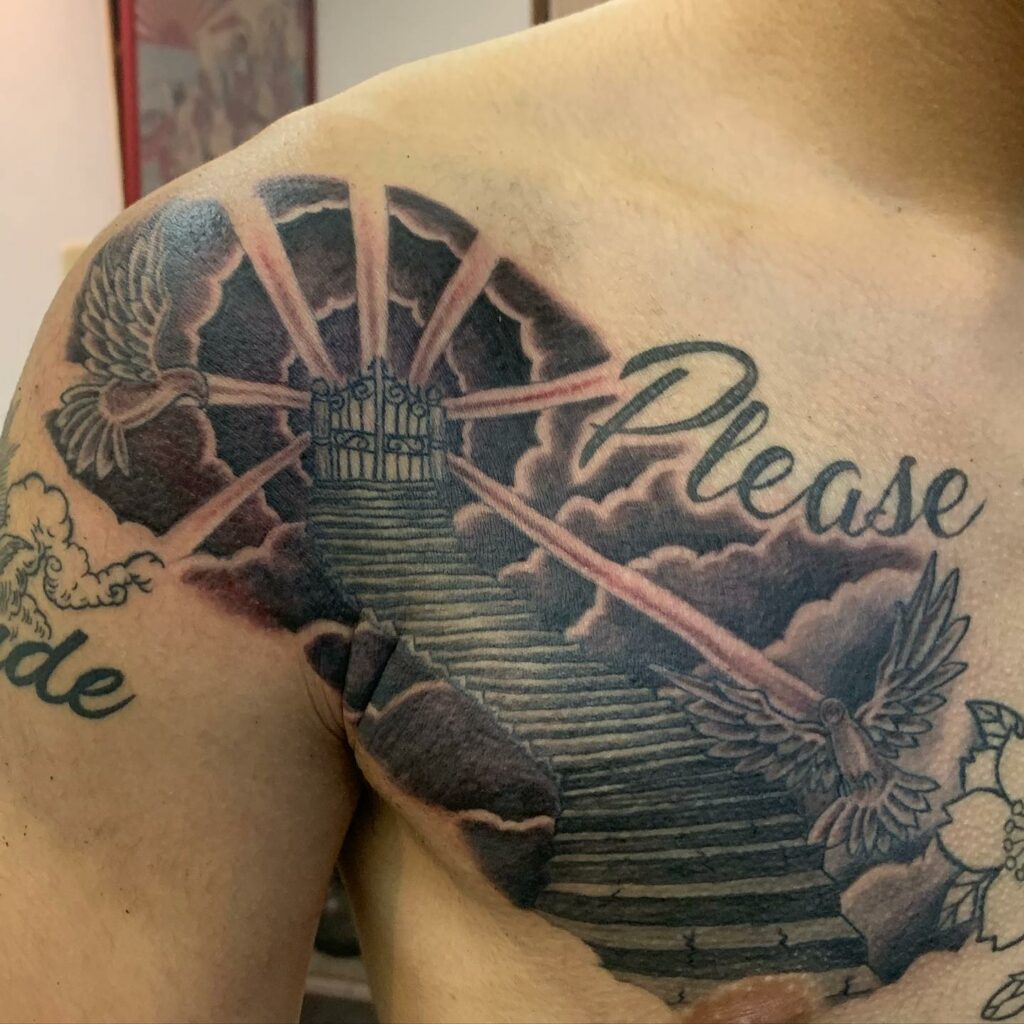 Heaven Gates Tattoo Drawing From Shoulder To Chest